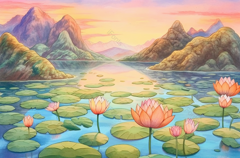 傍晚夕阳湖面荷花风景,插画/手绘图,插画/手绘图库,插画/手绘图下载,插画/手绘